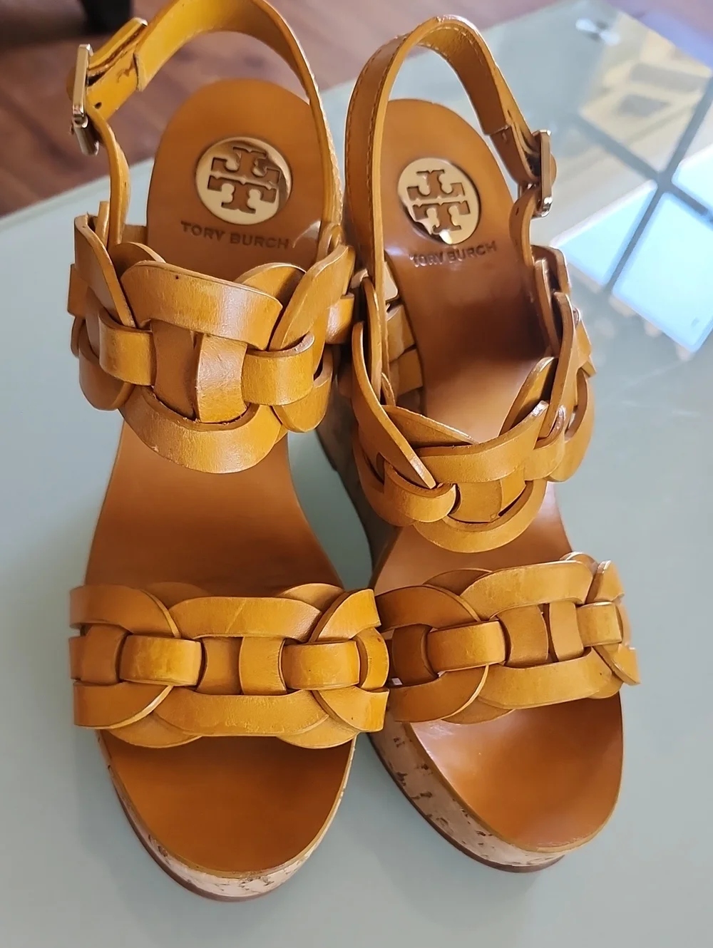 Tory Burch Calyca Leather And Cork Boho Chic Retro 70's Disco Vibe Heels‎ Size 9